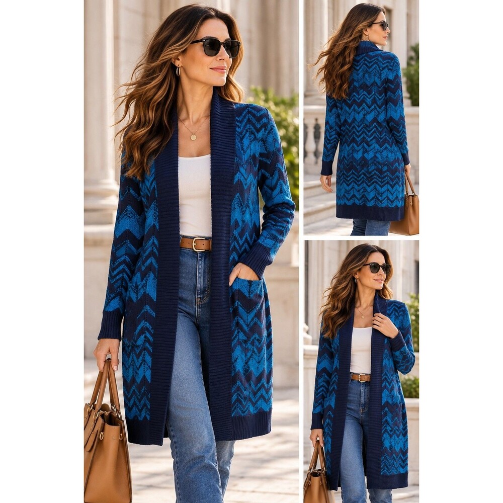 Missoni for Target Cardigan XL Blue Chevron Long Open Front Wool Blend Sweater